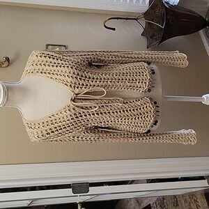 MiFresia beige open weave crocheted cardigan Queen Elizabeth coin trim Med EUC …